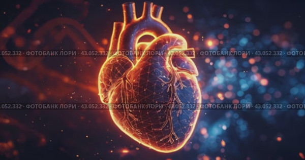 human heart with light grids symbolizing the complexity of cardiovascular health, nerve connections, impulses and nerve endings on a dark background. Стоковое AI-видео, аниматор Александр Довянский / Фотобанк Лори