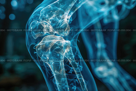 Human knee joint and leg in x-ray on blue background. Стоковое AI-изображение, AI-художник Ирина Михайличенко / Фотобанк Лори