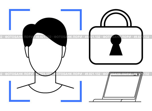 Human silhouette in facial recognition frame, secure padlock icon, and laptop window. Ideal for technology, security, authentication, privacy, access control, identity verification online safety. Facial Recognition for Security Access Control with Lock and Laptop. Стоковая иллюстрация, агентство Ingram Publishing / Фотобанк Лори