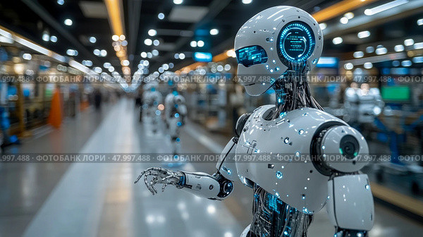 Humanoid robots with glowing features stand in a busy exhibition hall showcasing innovative technology and advancements in robotics. Стоковое AI-изображение, AI-художник Данила Большаков / Фотобанк Лори