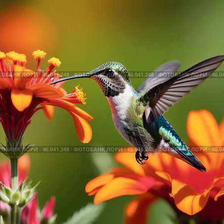 Hummingbird collects pollen in the most beautiful flower illuminated by the sun. Стоковое AI-изображение, AI-художник Александра Рублева / Фотобанк Лори