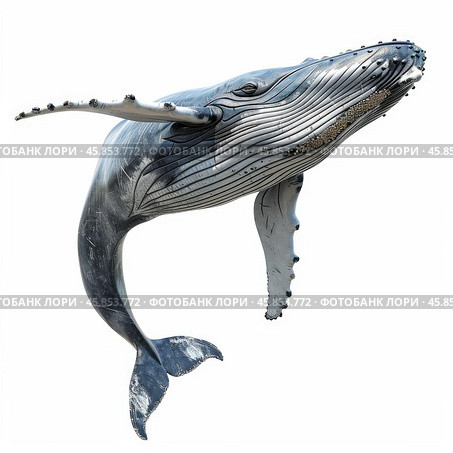 Humpback whale jumping out of water with barnacles on skin. Стоковое AI-изображение, AI-художник Иван Рябоконь / Фотобанк Лори