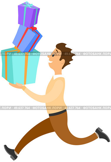Hurrying running male character isolated on white background. Late on job or holiday, time management and deadline. Man in hurry runs with gift boxes. Joyful guy quickly carries boxes with presents. Man in hurry is running with gifts. Joyful guy quickly carries boxes with presents for holiday. Стоковая иллюстрация, агентство Ingram Publishing / Фотобанк Лори