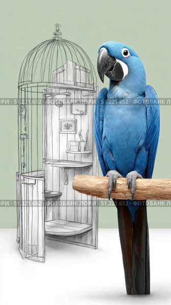 Hyacinth macaw perching on wooden branch, intricate bird cage sketch revealing artistic interplay between natural avian beauty and creative illustration. Стоковое AI-изображение, AI-художник Юрий Поздников / Фотобанк Лори