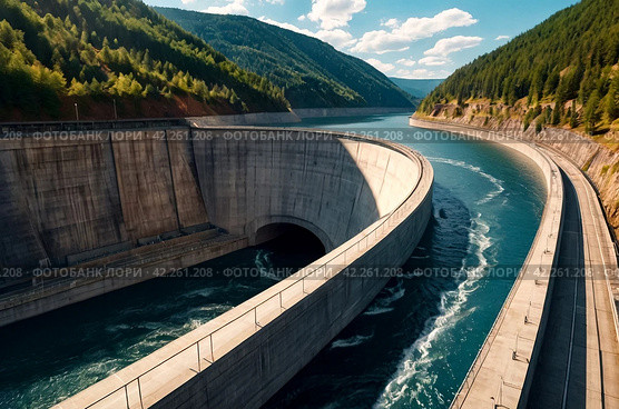 Hydroelectric power station in Foz do Iguazu Brazil, border Paraguay. View of roadway modern giant dam on Parana river, South America. Hydro electrification concept. Copy text space. Стоковое AI-изображение, AI-художник Aleksandr Golubev / Фотобанк Лори