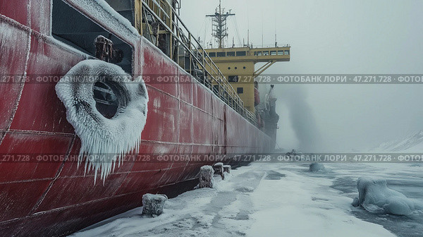 Ice-covered ship docked in frozen waters during a winter storm in a remote harbor region. Покрытое льдом судно, пришвартованное в замерзших водах во время зимнего шторма в отдаленном портовом районе. Стоковое AI-изображение, AI-художник Katsiaryna Repich / Фотобанк Лори