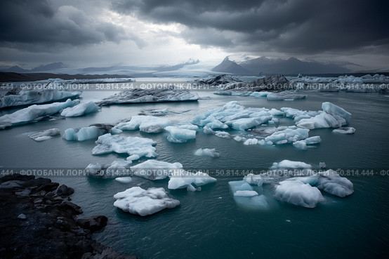 Ice floes floating in the ocean are the remnants of a melting glacier against the background of dark thunderclouds. Стоковое AI-изображение, AI-художник Алексей Кузнецов / Фотобанк Лори