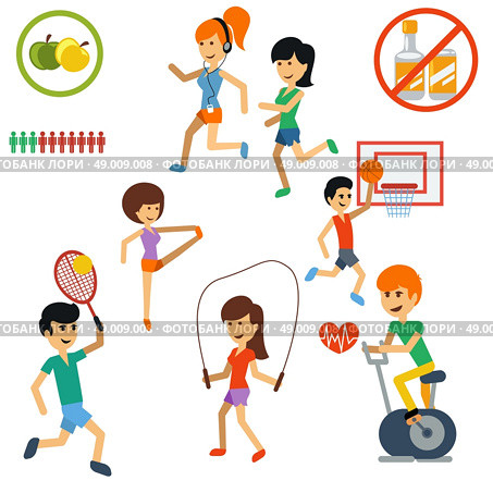Icon set with people jogging, practising yoga, playing basketball and tennis, spinning exercise bike. Стоковая иллюстрация, агентство Ingram Publishing / Фотобанк Лори