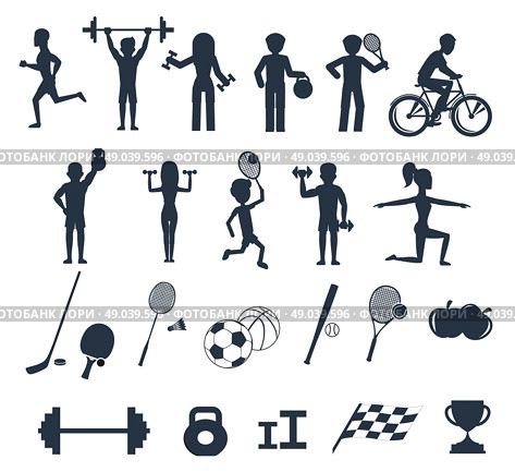 Icons set of man and woman doing warm-up and exercises with kettlebell, barbell and dumbbells. People jogging, practising yoga, playing basketball and tennis black icons on white background. Стоковая иллюстрация, агентство Ingram Publishing / Фотобанк Лори