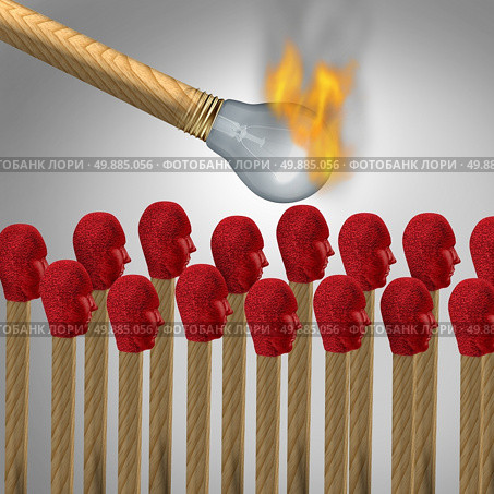 Ideas that catch on concept as a viral marketing symbol and spreading a popular idea or propaganda and social brainwashing communication icon as a lit matchshaped as a light bulb lighting a group of other matches shaped as human heads. Стоковое фото, агентство Ingram Publishing / Фотобанк Лори