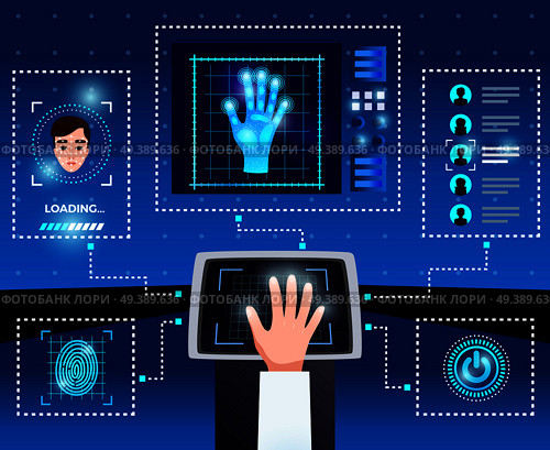 Identification computer technologies schema with integrated touchscreen interface for secure authorized user access blue background vector illustration . Identification Technologies Interface Schema. Стоковая иллюстрация, агентство Ingram Publishing / Фотобанк Лори