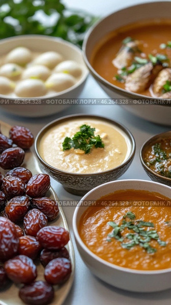 Iftar dinner table setting featuring various traditional dishes and dates. Стоковое AI-изображение, AI-художник Юрий Поздников / Фотобанк Лори
