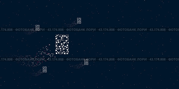 Игральная карта "семерка пик", заполненная точками, летит сквозь звезды, оставляя за собой след. Вокруг расположены четыре маленьких символа. Иллюстрация на темно-синем фоне со звездами. Стоковая иллюстрация, иллюстратор Карпенко Алексей / Фотобанк Лори