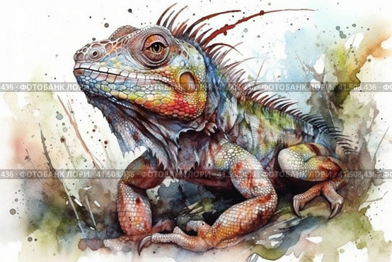 Iguana watercolor,, watercolor style, Generative AI. Стоковое AI-изображение, AI-художник Анна Кривицкая / Фотобанк Лори