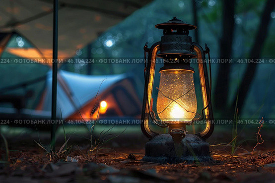 Illuminated lantern casting warm glow on campsite. Стоковое AI-изображение, AI-художник Иван Рябоконь / Фотобанк Лори