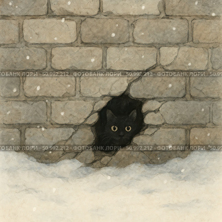 Illustration of a winter scene: a black cat peeks out from a crack in a broken brick wall surrounded by snow. Its bright eyes stand out against the gray-beige background. The image evokes feelings of anxiety, vulnerability and loneliness, but at the same time - lively interest and resilience. Suitable for themes of animal protection, homeless animals, winter and street life. Стоковое AI-изображение, AI-художник Анна Кривицкая / Фотобанк Лори