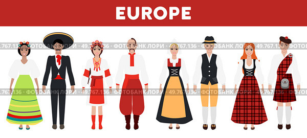 Illustration of diverse individuals wearing traditional European clothing. For cultural heritage, diversity, tradition, global unity, multiculturalism, cultural representation, inclusion.. European traditional clothing worn by diverse individuals representing cultural heritage and diversity. Стоковая иллюстрация, агентство Ingram Publishing / Фотобанк Лори