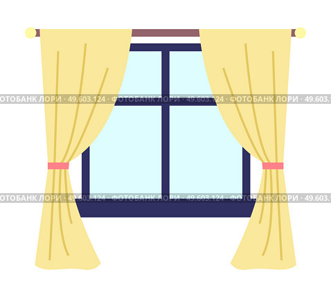 Illustration of living room window with yellow curtains and dark blue window frame and windowsill vector illustration. Inside view of the interior apartment with daylight , curtains hang on a cornice. Illustration of living room window with yellow curtains and dark blue window frame and windowsill. Стоковая иллюстрация, агентство Ingram Publishing / Фотобанк Лори