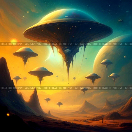 Иллюстрация инопланетных кораблей. Стоковое AI-изображение, AI-художник ольга скальская / Фотобанк Лори
