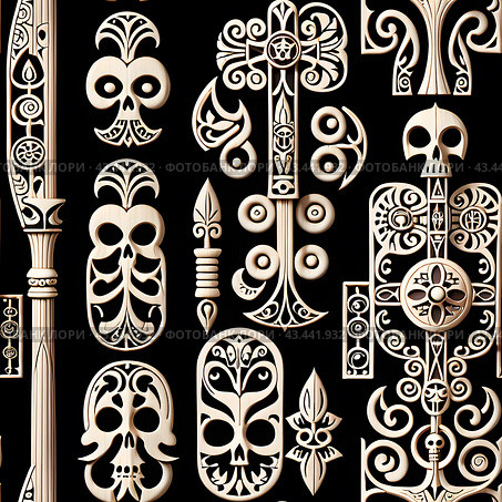 Иллюстрация. Изображение. Бесшовная текстура.Тотемные идолы. Illustration. Image. Seamless texture.Totem idols. Стоковое AI-изображение, AI-художник Гер Олег / Фотобанк Лори
