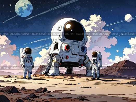 Иллюстрация космонавтов на неизвестной планете. Стоковое AI-изображение, AI-художник ольга скальская / Фотобанк Лори
