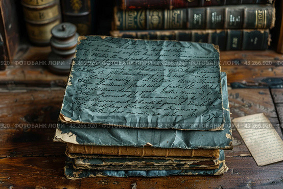 Image of antique books and ancient manuscripts on a wooden table. Old leather-bound books and yellowed manuscript pages create an atmosphere of the past and history. A neatly folded stack of manuscripts with elegant ink inscriptions on darkened paper attracts attention. The background is filled with books with vintage spines, adding depth and detail to the composition. This image is ideal for use in projects related to history, literature, antiques and vintage style. Стоковое AI-изображение, AI-художник Анна Кривицкая / Фотобанк Лори
