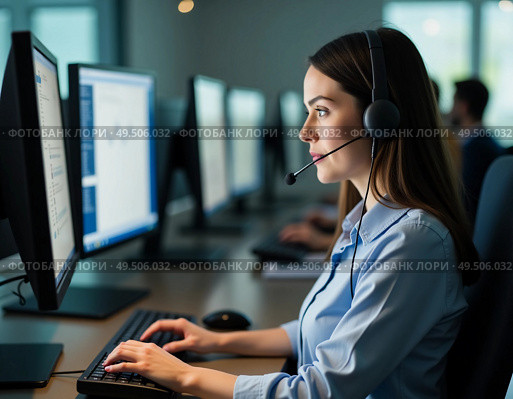In a bustling call center, a dedicated agent engages with clients through her headset, skillfully navigating multiple computer screens to provide timely assistance and solutions Generative AI. Стоковое AI-изображение, AI-художник Юлия Петровская / Фотобанк Лори