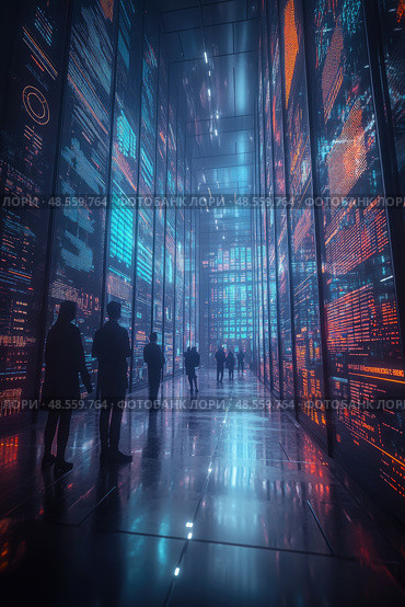 In a glowing corridor filled with vibrant digital data displays, professionals walk through an advanced urban environment after dark. Стоковое AI-изображение, AI-художник Данила Большаков / Фотобанк Лори