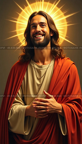 In a moment of divine tranquility, a joyful figure with flowing hair and a vibrant halo radiates warmth and hope Generative AI. Стоковое AI-изображение, AI-художник Юлия Петровская / Фотобанк Лори