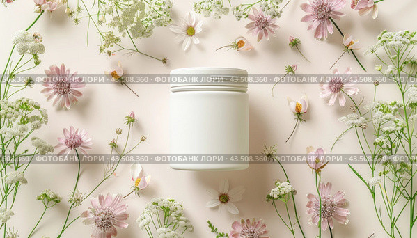In the midst of a pink setting, there is a white vase surrounded by pink and white flowers. Стоковое AI-изображение, AI-художник Юрий Поздников / Фотобанк Лори