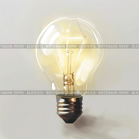 Incandescent light bulb on a light background. The tungsten filament, glass cylinder and lamp base are visible,    Generative AI. Стоковое AI-изображение, AI-художник Анна Кривицкая / Фотобанк Лори