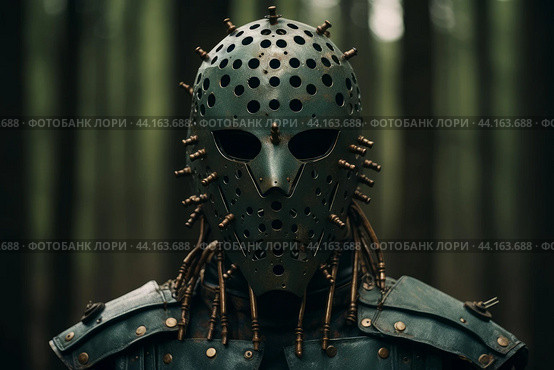 Inconspicuous Soldier mask forest camo. Generate Ai. Стоковое AI-изображение, AI-художник Иван Рябоконь / Фотобанк Лори