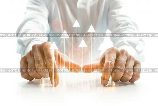 Increased profits. Benchmarking. Businessman analyzes profitability of working companies with digital augmented reality graphics, positive indicators, growing up graph and charts, colorful arrows. Стоковое AI-изображение, AI-художник Марина Демидюк / Фотобанк Лори