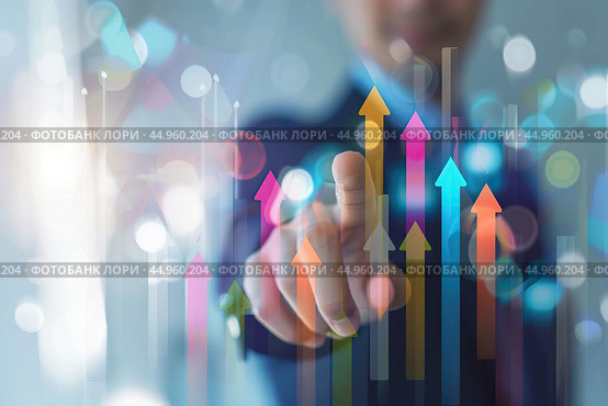 Increased profits. Benchmarking. Businessman analyzes profitability of working companies with digital augmented reality graphics, positive indicators, growing up graph and charts, colorful arrows. Стоковое AI-изображение, AI-художник Марина Демидюк / Фотобанк Лори