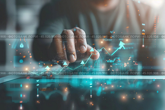 Increased profits. Benchmarking. Businessman analyzes profitability of working companies with digital augmented reality graphics, positive indicators, growing up graph and charts, colorful arrows. Стоковое AI-изображение, AI-художник Марина Демидюк / Фотобанк Лори