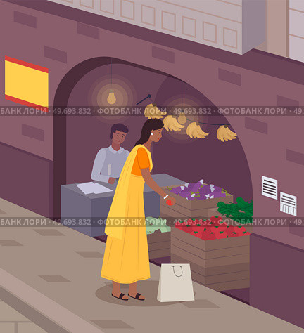 Indian woman at eastern street bazaar, seller at counter sell vegetables and fruits. Asian street market with authentic goods. Local trade. Indian merchant, marketplace. Male seller sells products. Eastern street bazaar, indian seller sell vegetables and fruits. Asian street market with goods. Стоковая иллюстрация, агентство Ingram Publishing / Фотобанк Лори
