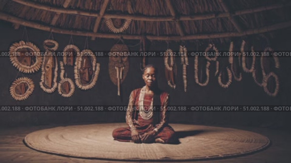 Indigenous shaman sitting cross legged inside thatched hut, surrounded by carved wooden masks, embodying deep spiritual connection with ancestral traditions and ritualistic practices. Стоковое AI-видео, аниматор Данил Руденко / Фотобанк Лори