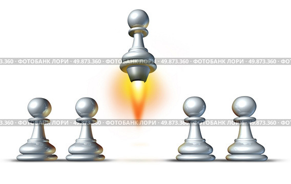 Individuality and success with a group of white pawns and a special member of the team rising up from the crowd with a rocket engine blasting upward with flames on a white background. Стоковое фото, агентство Ingram Publishing / Фотобанк Лори