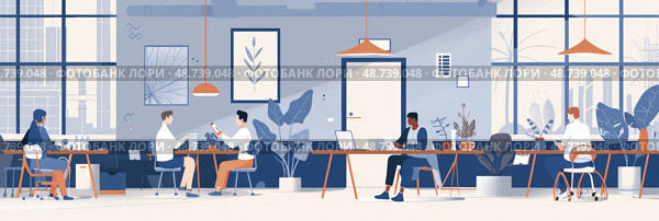 Individuals collaborate and work independently in a stylish office filled with plants and natural light during a busy workday. Стоковое AI-изображение, AI-художник Данила Большаков / Фотобанк Лори