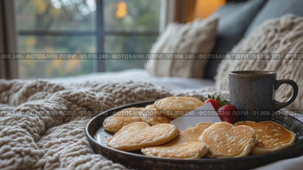 Indulge in heart-shaped pancakes served alongside fresh strawberries and coffee on a cozy bed tray in a warm, inviting bedroom. Стоковое AI-видео, аниматор Данила Большаков / Фотобанк Лори