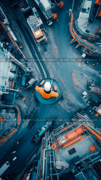 Industrial Oversight: Aerial View of a Plant Worker and Detailed Infrastructure. Стоковое AI-изображение, AI-художник Данила Большаков / Фотобанк Лори