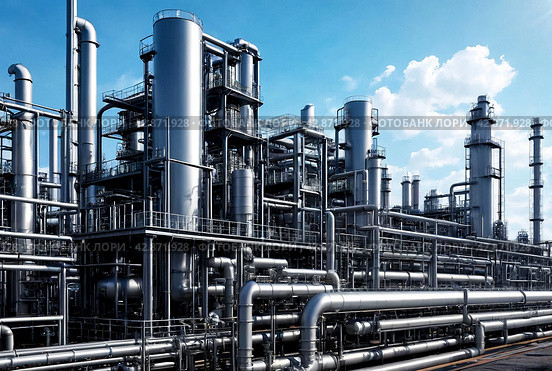 Industrial plant of petroleum, chemical, hydrogen or ammonia. Industrialization zone with pipeline and pipe rack. Manufacturing and industry technology concept. Gen ai illustration. Copy ad text space. Стоковое AI-изображение, AI-художник Aleksandr Golubev / Фотобанк Лори