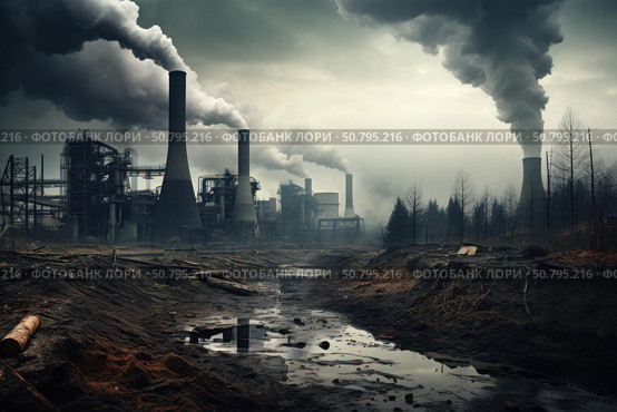 Industrial pollution polluting the environment with toxic smoke. Стоковое AI-изображение, AI-художник Иван Рябоконь / Фотобанк Лори