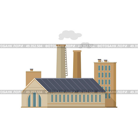 Industry Manufactory Building Isolated on White. Industry manufactory building icon. Factory producing oil and gas, metals and rubber, energy and power. Nuclear manufacturing station making smoke and air pollution. Destroying nature. Vector. Стоковая иллюстрация, агентство Ingram Publishing / Фотобанк Лори
