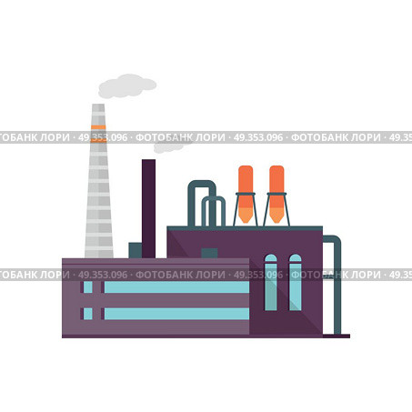 Industry Manufactory Building Isolated on White.. Industry manufactory building icon. Factory producing oil and gas, metals and rubber, energy and power. Nuclear manufacturing station making smoke and air pollution. Destroying nature. Vector. Стоковая иллюстрация, агентство Ingram Publishing / Фотобанк Лори