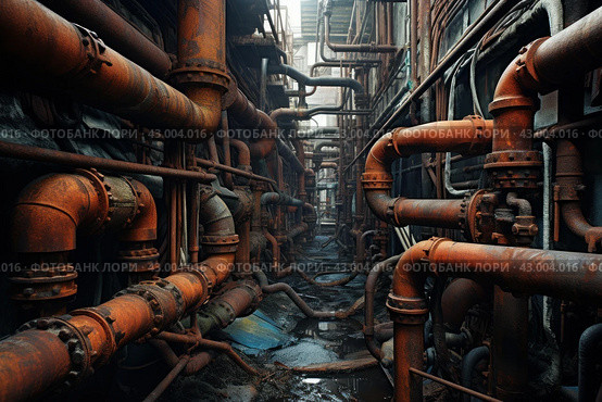 Ineffective Rusty deteriorated pipes water system. Generate ai. Стоковое AI-изображение, AI-художник Иван Рябоконь / Фотобанк Лори