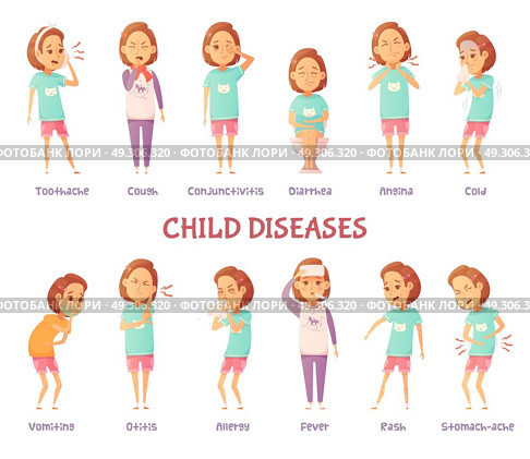 Infantile Diseases Symptoms Set. Isolated characters set with cartoon girl anxious for different child disease symptoms with appropriate text captions vector illustration. Стоковая иллюстрация, агентство Ingram Publishing / Фотобанк Лори