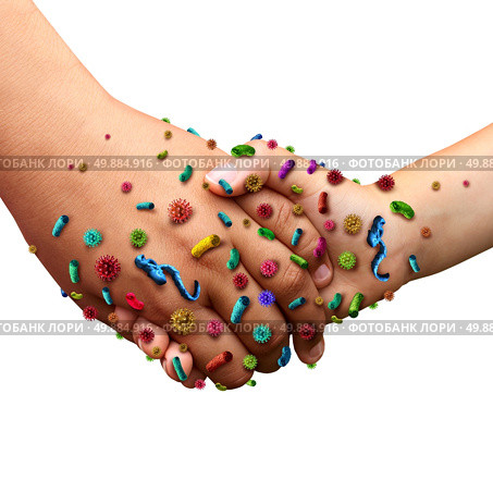Infectious diseases spread hygiene concept as people holding hands with germ virus and bacteria spreading with illness in public as a health care risk concept to not wash your hands as dirty infected fingers and palm  with contagious pathogens. Стоковое фото, агентство Ingram Publishing / Фотобанк Лори