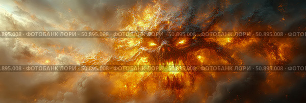 Inferno of the Fallen: a demonic entity consumed by raging flames, emerging from a smoky abyss. Стоковое AI-изображение, AI-художник Данила Большаков / Фотобанк Лори