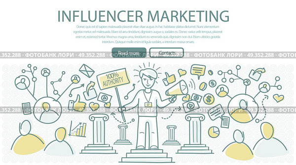 Influence Marketing Flat Style Vector Web Banner. Influence marketing conceptual web banner. Man character with loudspeaker and placard, internet network icons around. Two color line art vector. Authoritative expert. For marketing companies ad. Стоковая иллюстрация, агентство Ingram Publishing / Фотобанк Лори